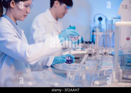 Asian scientists team working in biotechnology laboratory pouring purple liquid into flask with colleague working in background. Chemical testing, Med Stock Photo