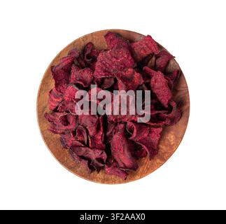 Dry beetroot chips isolated, dried sliced red beet flakes pile, beet root pieces and chips, dehydrated deep fried vegetable root heap on white backgro Stock Photo