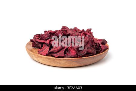Dry beetroot chips isolated, dried sliced red beet flakes pile, beet root pieces and chips, dehydrated deep fried vegetable root heap on white backgro Stock Photo
