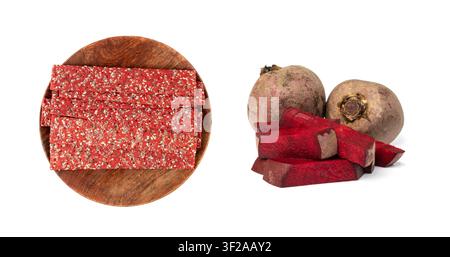 Dry beetroot chips isolated, dried sliced red beet flakes pile, beet root pieces and chips, dehydrated deep fried vegetable root heap on white backgro Stock Photo