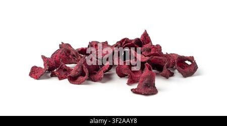 Dry beetroot chips isolated, dried sliced red beet flakes pile, beet root pieces and chips, dehydrated deep fried vegetable root heap on white backgro Stock Photo