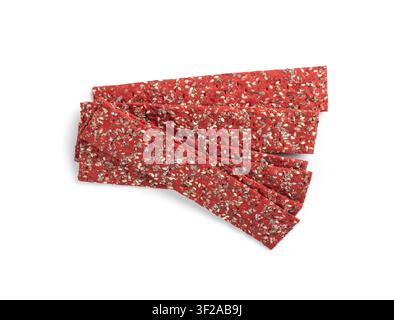 Beetroot crackers isolated, thin rusk beet root crisps on white background Stock Photo