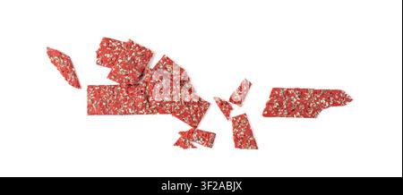 Beetroot crackers pieces isolated, crumbled thin rusk beet root bread pile, broken red diet multigrain crispbread with various seeds, crisp bread Stock Photo