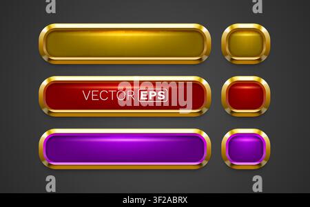 Glossy gold-framed buttons in gold, red, and purple, suitable for UI design and web elements. Vector illustration. Stock Vector