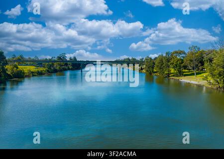 Aerial photograph of the M4 Motorway running over the Nepean River between Emu Plains and Penrith via the Penrith Valley Bridge in the lower Blue Moun Stock Photo