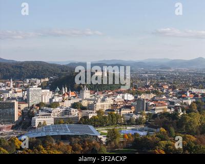 Aerial view of the modern skyline featuring glass skyscrapers and ...