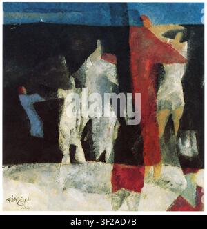 Lyonel Feininger, Badende 1933, Bathers; a group of simplified figures on a bright shore against the background of a dark sea and blue sky Stock Photo