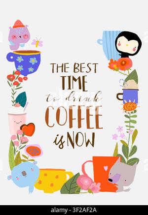 Cartoon Frame With Cute Animals Sitting With Cups of Coffee Stock Vector