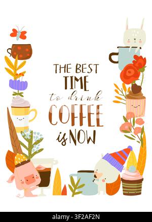 Cartoon Frame With Cute Animals Sitting With Cups of Coffee Stock Vector