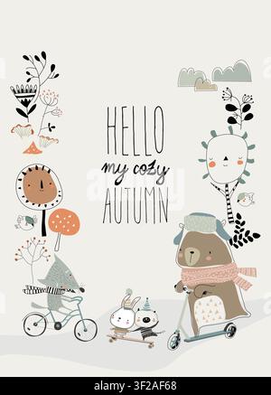 Cartoon Frame With Happy Animals Doing Sport In Autumn Forest Stock Vector