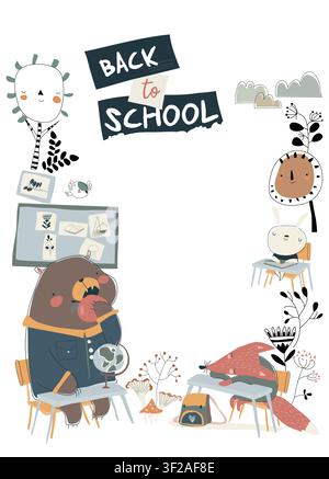 Cartoon Frame With Funny Animals Sitting In a Classroom Stock Vector