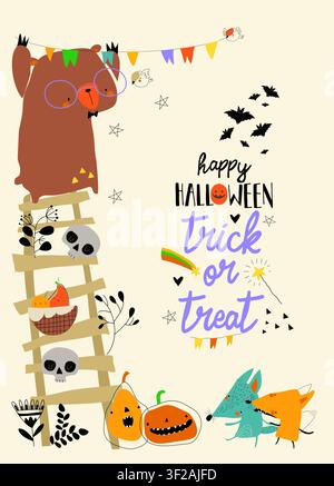 Cute Cartoon Frame With Happy Animals Celebrating Halloween Stock Vector