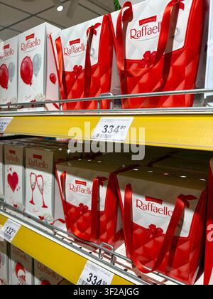17.07.2026 Ukraine, Kharkov Raffaello gift chocolate boxes on a supermarket shelf close up Stock Photo