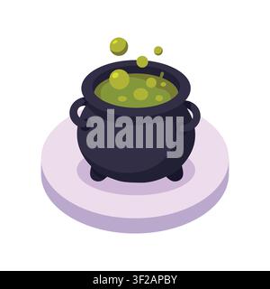 Witch's cauldron bubbling with green potion isometric illustration Stock Vector