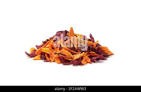 Parsnips, sweet potato, carrot and beetroot chips isolated, dry vegetable root mix, healthy snacks pile on white background Stock Photo