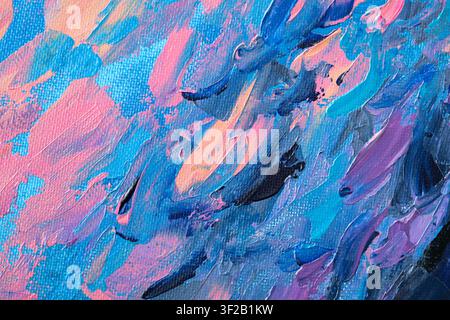 Colorful Picture created with oil and acrylic paint fill the canvas with various shapes and shades. The artwork shows close-up views of different sect Stock Photo