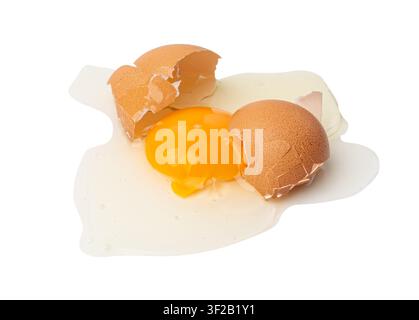 Broken Egg Isolated, Raw Yolk and White, Cracked Brown Shell, Fresh Broken Organic Chicken Eggs on White Background Stock Photo