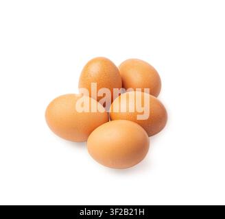 Chicken Eggs Isolated, Whole Poultry Egg, Fresh Healthy Farm Food, Easter Concept, Brown Poultry Chicken Eggs Group on White Background Stock Photo