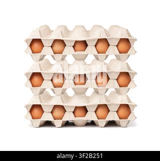 Egg Tray Stack Isolated, 30 Brown Eggs Pack, Pile of Fresh Organic Eggs in Paper Containers on White Background Side View Stock Photo