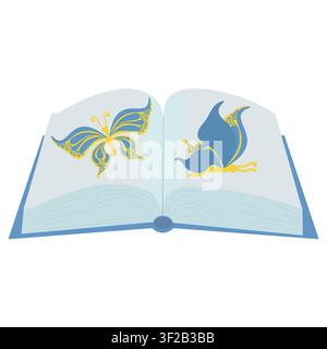 A book spread featuring yellow and blue butterflies. Vector illustration isolated on a white background. Stock Vector