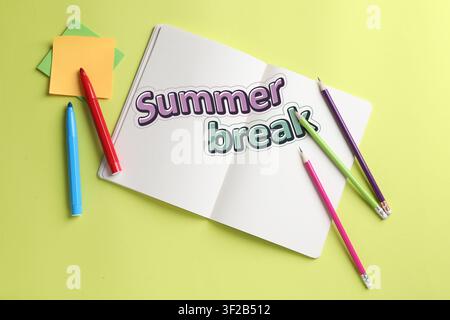 School holiday. Notebook with text Summer Break, pencils and paper notes on light green background, flat lay Stock Photo