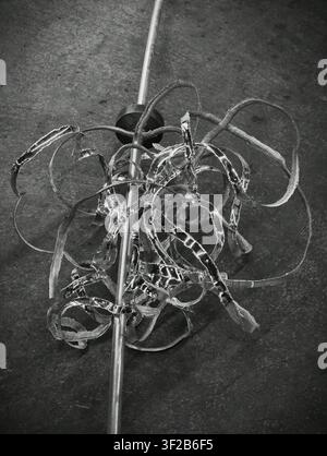Metallic ribbons wrapped around a pole, in indoor possibly on a textured surface, with metallic ribbons, pole, with metal texture, from a top-down per Stock Photo