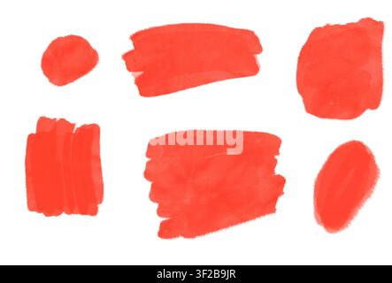 Collection of red marker paint swatches and brush strokes isolated on a white background Stock Photo