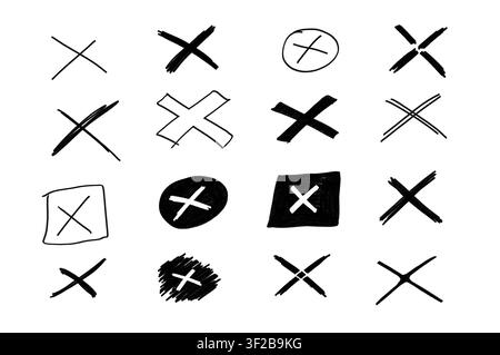 Collection of hand drawn black cross and x marks signs Stock Photo