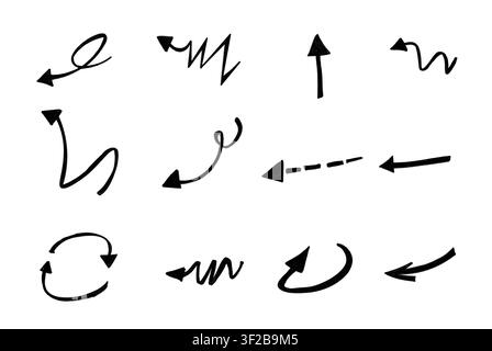 Group of twelve thick black marker hand drawn arrows with various curves and directions Stock Photo