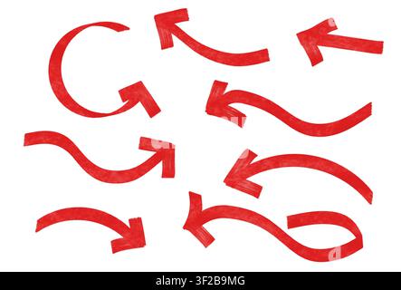 Assortment of thick red brush stroke arrows isolated on white background Stock Photo
