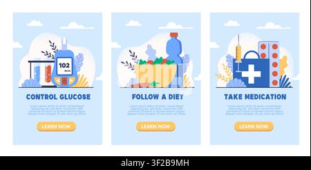 Diabetes management and glucose control card set Stock Vector