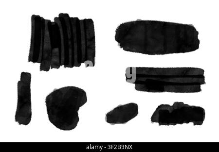 Black watercolor marker brush strokes and abstract swatches on white background Stock Photo