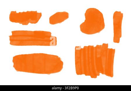 Orange watercolor marker brush strokes and abstract swatches on white background Stock Photo