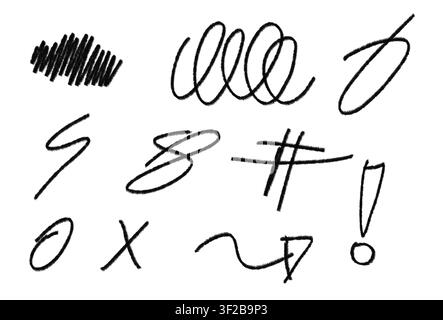 Black charcoal pencil scribbles arrows and abstract line drawings on white background Stock Photo
