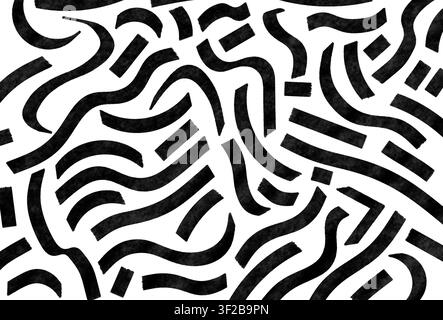 Abstract background pattern made of scattered thick black brush strokes and wavy lines Stock Photo