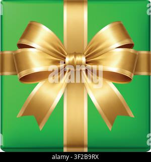 Green gift box with golden ribbon isolated on white background. Luxury present icon for Fathers Day celebration themes Stock Vector