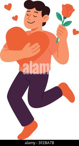 Happy cartoon man holding big red heart and rose flower. Cute character jumping in love for Valentines Day greeting card flat vector illustration Stock Vector