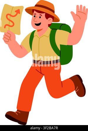 Happy cartoon traveler running with backpack and map. Cute tourist character wearing safari hat waving hand flat vector illustration Stock Vector