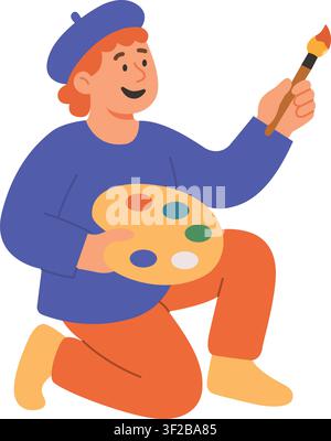 Creative cartoon artist kneeling with paint palette and brush. Cute painter character wearing blue beret flat vector illustration Stock Vector