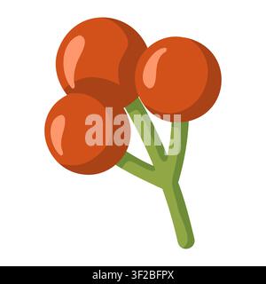 Three red berries on green branch. Cartoon vector illustration on white background  Stock Vector