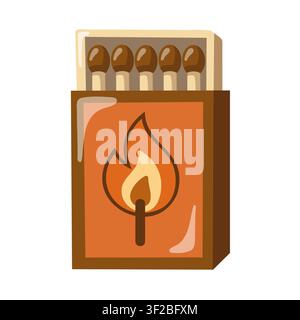 Open matchbox with wooden matches and flame symbol. Cartoon vector illustration on white background  Stock Vector