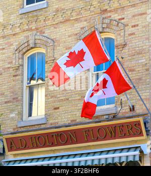 Canadian flags displayed above a flower shop named  A.D. Holton Flowers Stock Photo