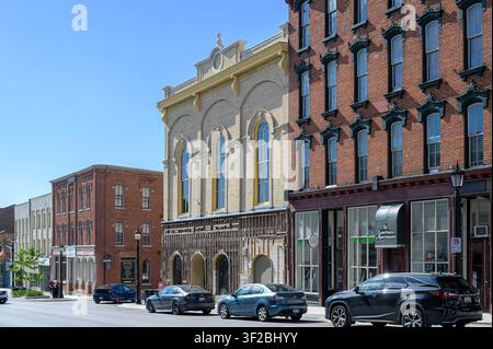 Historic streetscape featuring preserved nineteenth-century brick commercial buildings. Stock Photo