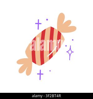 Halloween candy vector illustration, cute hand drawn doodle spooky sweet striped wrapped caramel dessert icon isolated on white background Stock Vector
