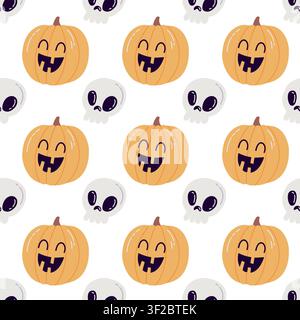 Halloween seamless pattern with cute pumpkins and skulls, vector hand drawn doodle spooky autumn backdrop isolated on white background Stock Vector