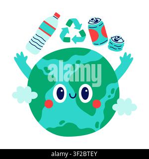 Cute Earth character juggling plastic bottles and aluminum cans with a recycling symbol. Friendly globe mascot vector illustration for waste sorting Stock Vector