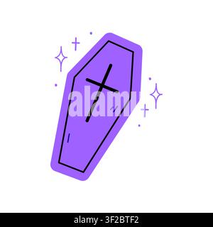 Halloween coffin vector illustration, cute hand drawn doodle spooky purple casket with cross icon isolated on white background Stock Vector