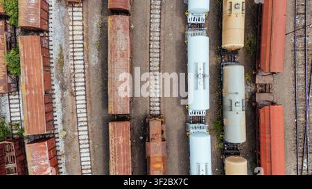 Aerial view of a train yard with various freight train cars including tanker cars and boxcars parked on parallel tracks in Novi Sad, Vojvodina, Serbia Stock Photo