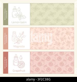 Set of 3 Essential Oils with Natural Aromatherapy Bottles Stock Vector