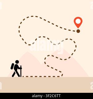 Minimal hiking route map featuring a winding trail, destination pin, and backpacker icon, perfect for adventure travel, trekking, navigation, and tour Stock Vector